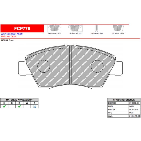 Front Brake Pads for Honda Civic EJ1 Coupe 1994–1996 1.6 ESI – Ferodo DS2500 (FCP776H)