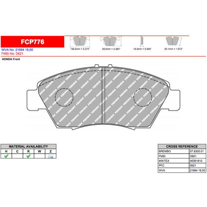 Front Brake Pads for Honda Civic EJ1 Coupe 1994–1996 1.6 ESI – Ferodo DS2500 (FCP776H)